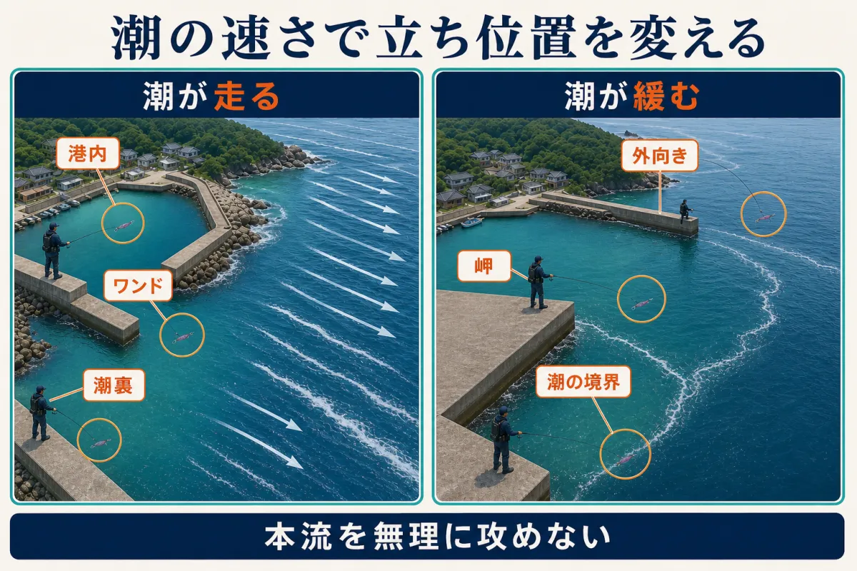 しまなみ海道で潮が速い時は港内・ワンド・潮裏、緩んだら外向き・岬・潮の境界を狙う判断図