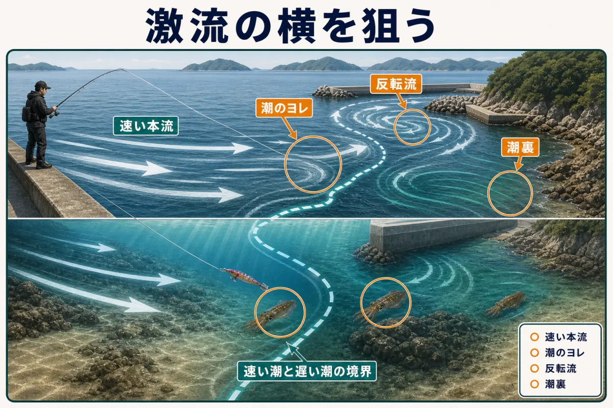 しまなみ海道の秋アオリイカで速い本流の横にできる潮のヨレ・反転流・潮裏を狙う模式図