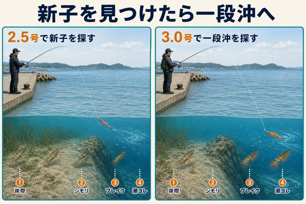 2.5号で岸際の新子を探し3.0号で沖のシモリ・ブレイク・潮ヨレを狙う手順