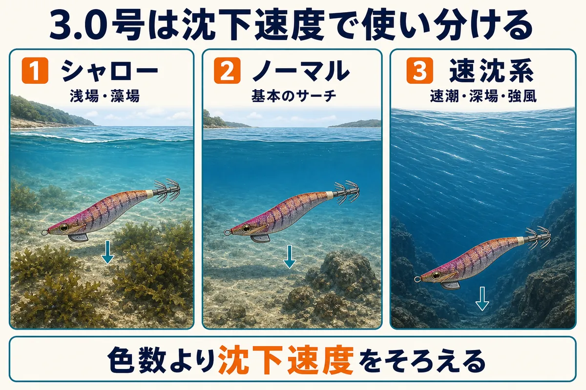 秋アオリイカ用3.0号エギのシャロー・ノーマル・速沈系の使い分け