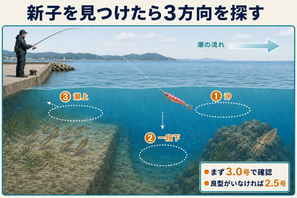 平戸の秋アオリイカ新子を見つけた後に沖・一段下・潮上を探る方法