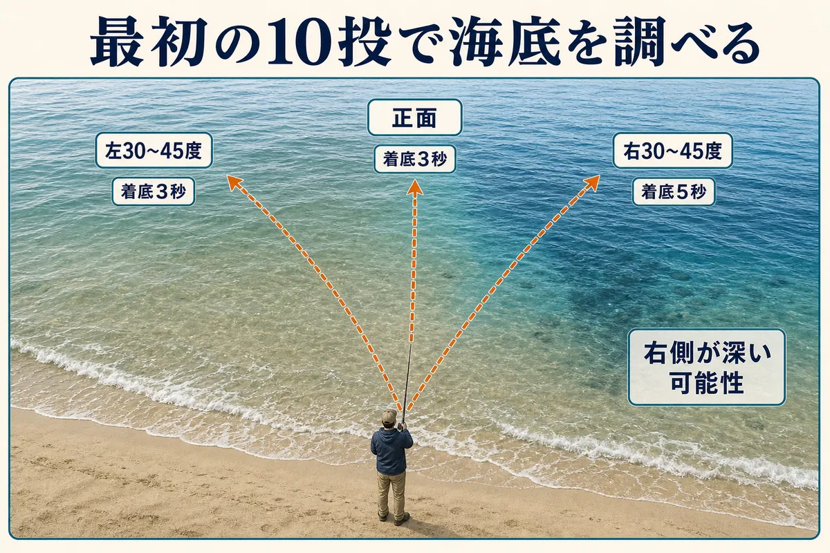 仙南サーフで正面・左右30〜45度へ投げて着底時間を比較する最初の10投