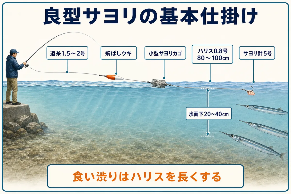 良型サヨリを狙う飛ばしウキ・小型カゴ・ハリス・1本針の基本仕掛け