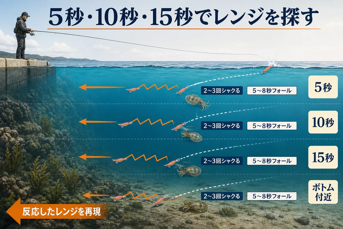 秋アオリイカを5秒・10秒・15秒・ボトム付近の順にレンジを変えて探る方法