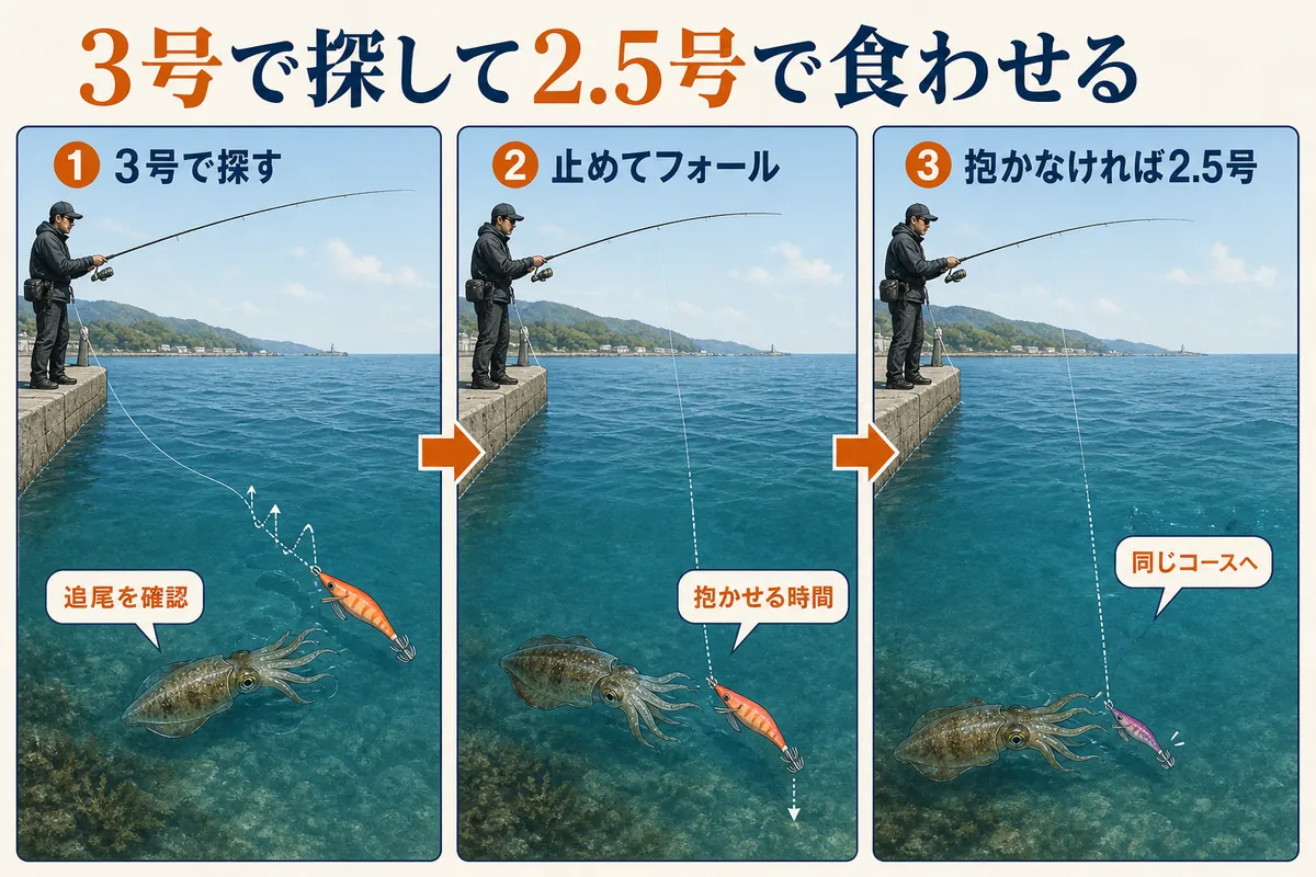 知多半島の秋アオリイカを3号エギで探し、抱かなければ2.5号へ替える手順