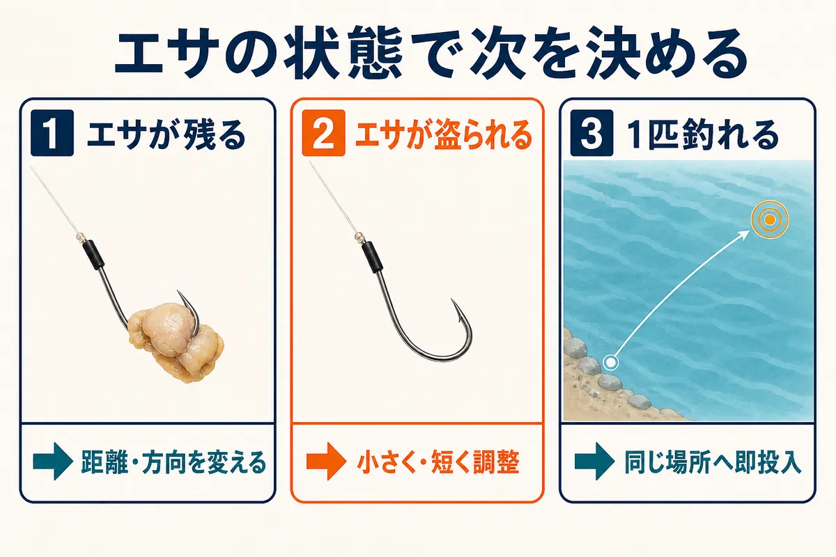 カワハギ釣りでエサが残る・盗られる・1匹釣れる状態から次の行動を決める図