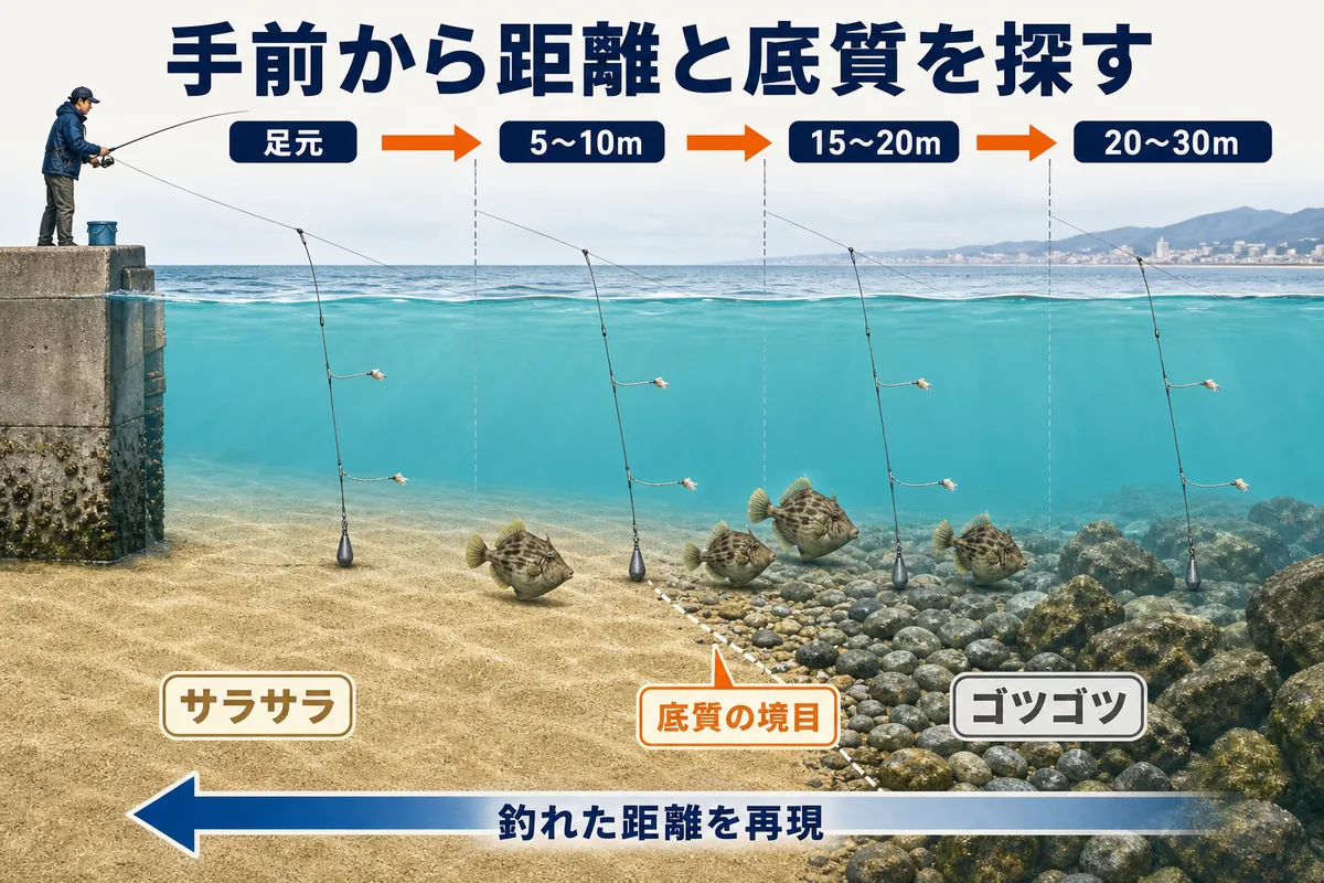 須磨の岸釣りで足元から30mまで距離を広げ、砂と石・岩の底質境界を探る方法