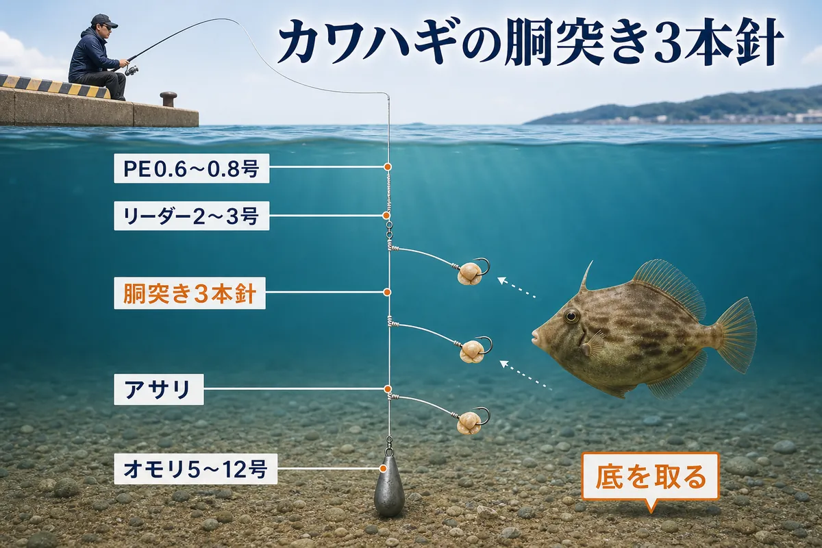 須磨の秋カワハギ岸釣りで使う胴突き3本針とアサリ、オモリの基本仕掛け