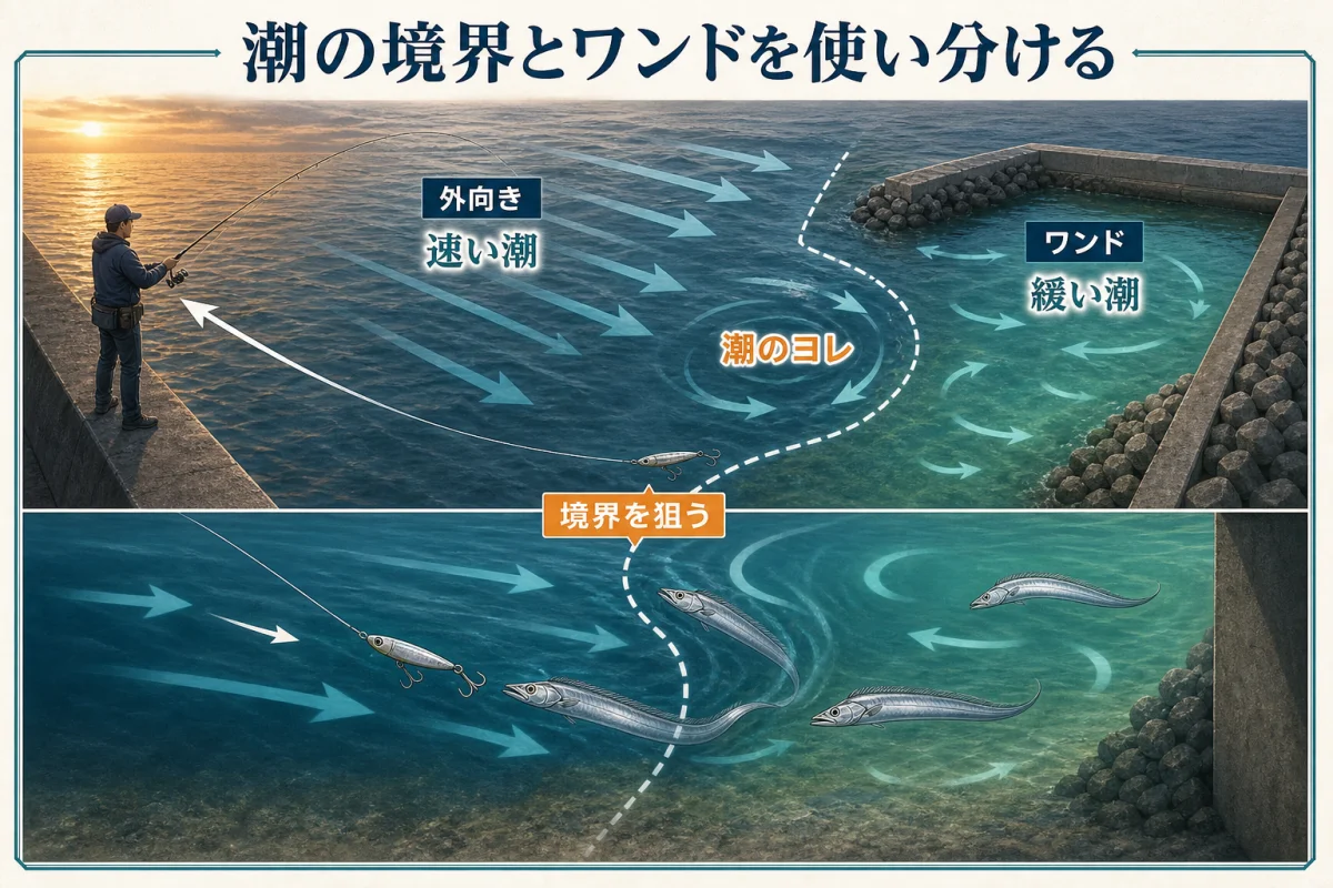 アジュール舞子でタチウオを狙う潮の境界とワンドの模式図