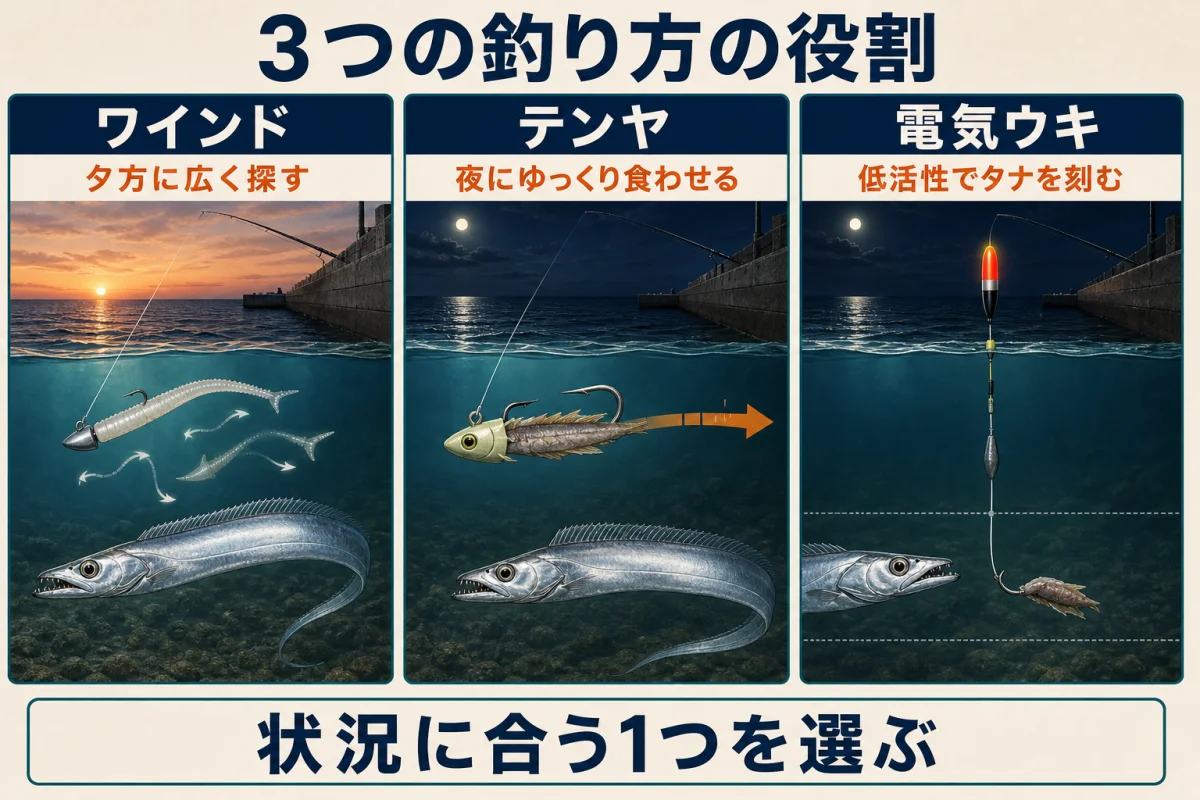 アジュール舞子のタチウオ釣りで使うワインド・テンヤ・電気ウキの役割