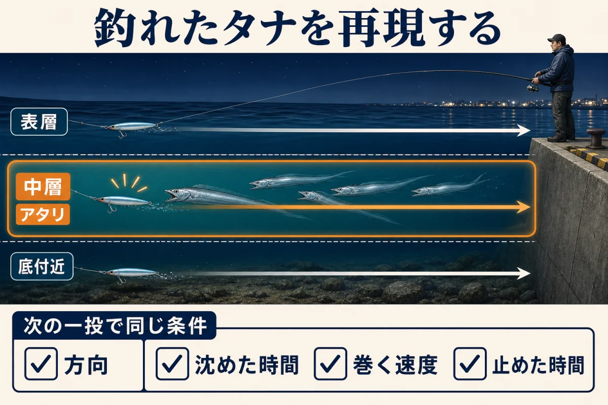 タチウオが釣れたタナと方向・沈下時間・速度・停止時間の再現方法