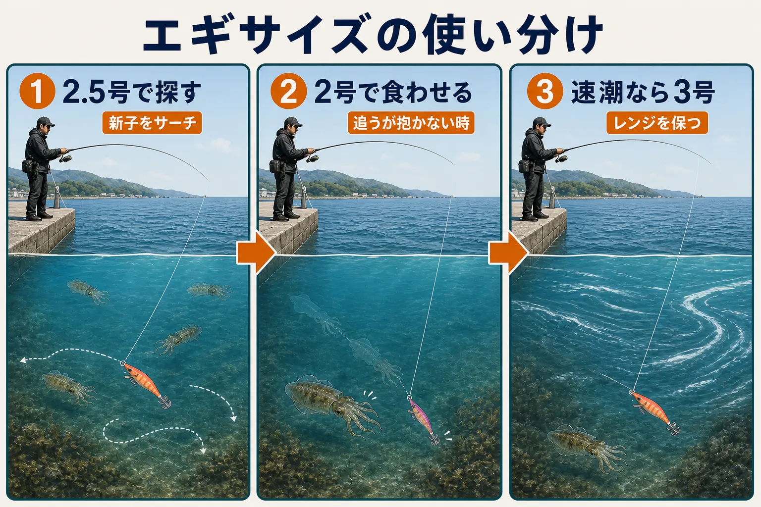 垂水漁港の秋アオリイカで使う2号・2.5号・3号エギの使い分け