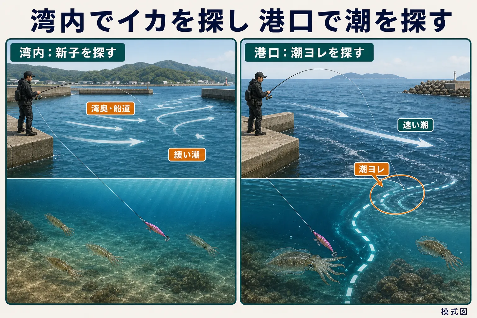 垂水漁港で湾内の新子と港口の潮ヨレを探す模式図