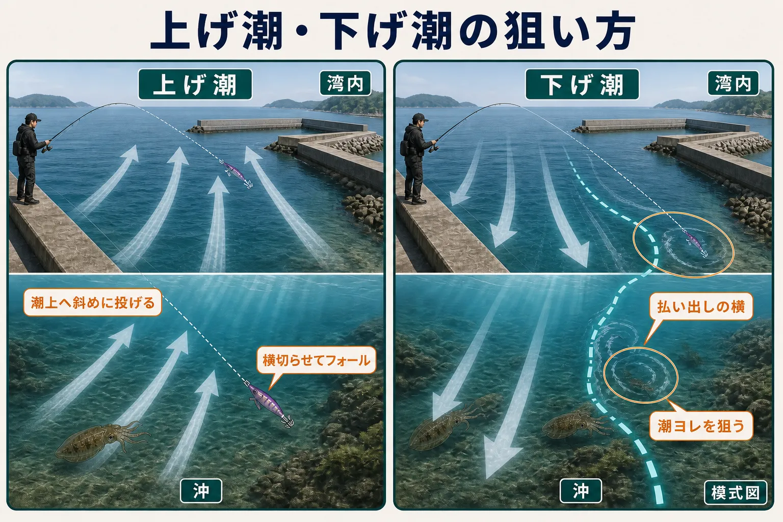 垂水漁港の上げ潮と下げ潮でアオリイカを狙う位置の模式図