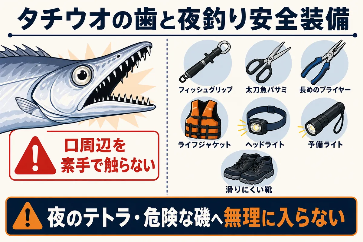 タチウオの歯への注意と夜釣り安全装備