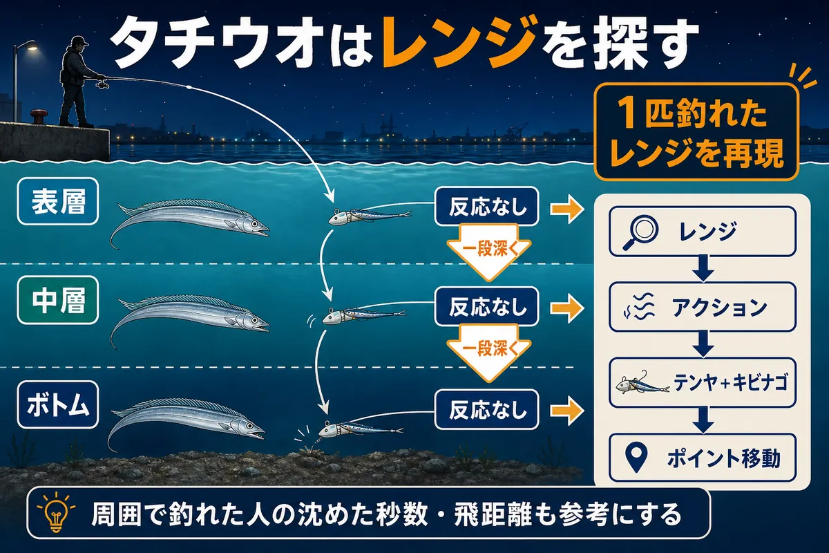 タチウオの表層・中層・ボトムのレンジ探索図