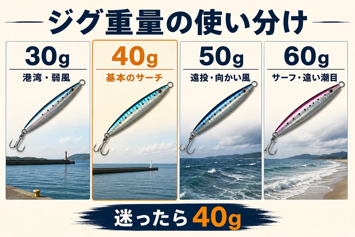 ショアサワラで使うメタルジグ30g・40g・50g・60gの使い分け