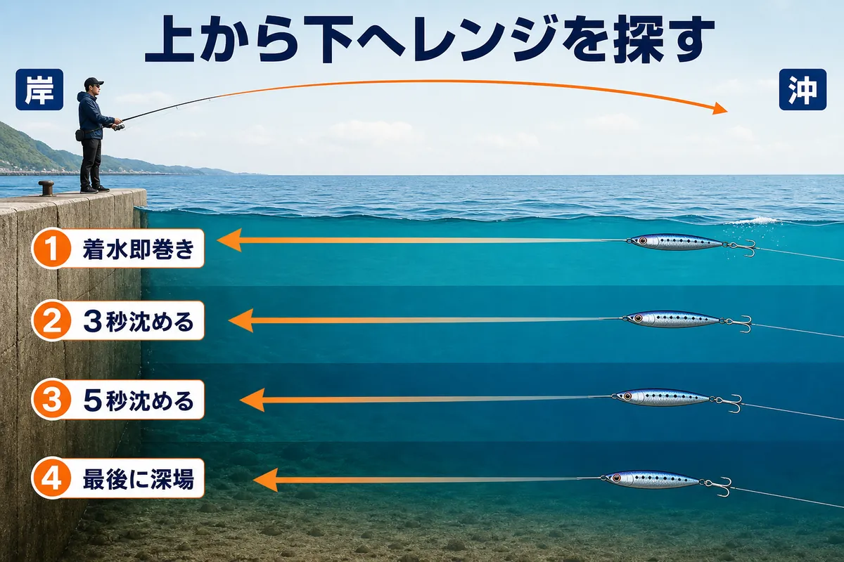 着水後すぐから徐々に沈めて表層から深場へレンジを探る手順