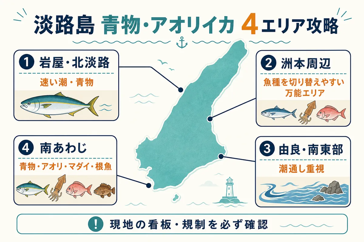 淡路島の青物・アオリイカ4エリア攻略マップ