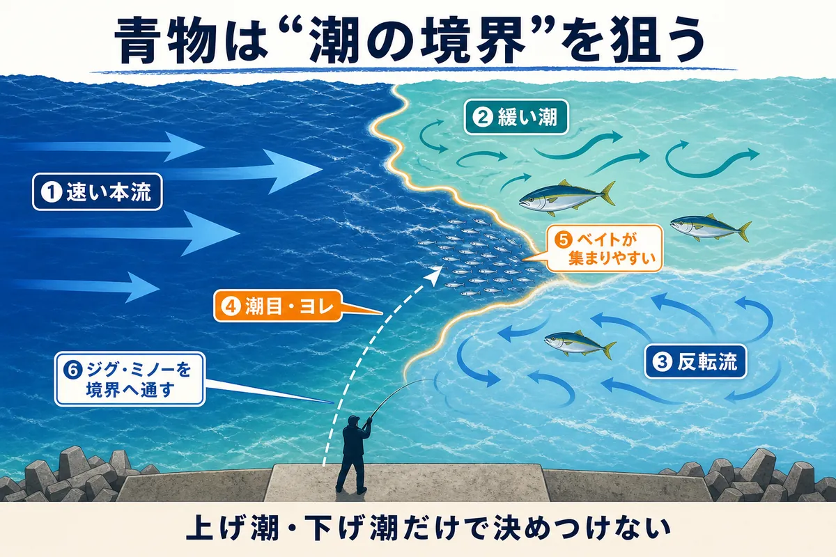 青物を狙う潮目・ヨレ・反転流の攻略図