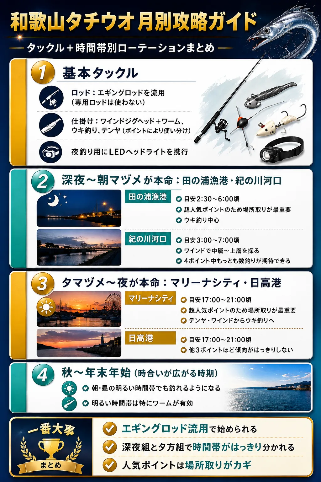 和歌山タチウオ月別攻略ガイド、タックルと時期別ローテーションのまとめ図解