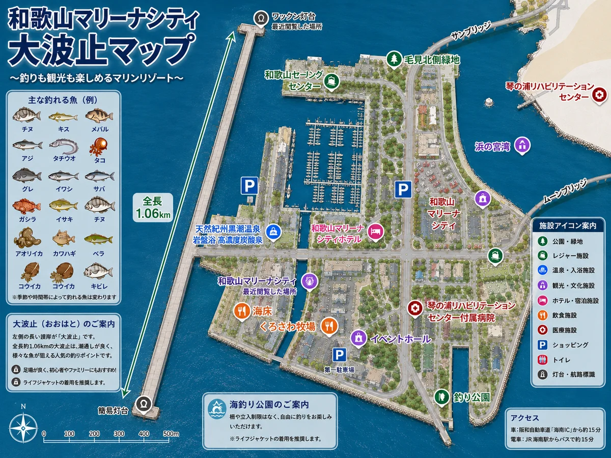 和歌山マリーナシティ大波止マップ(全長1.06km、Googleマップ実測)