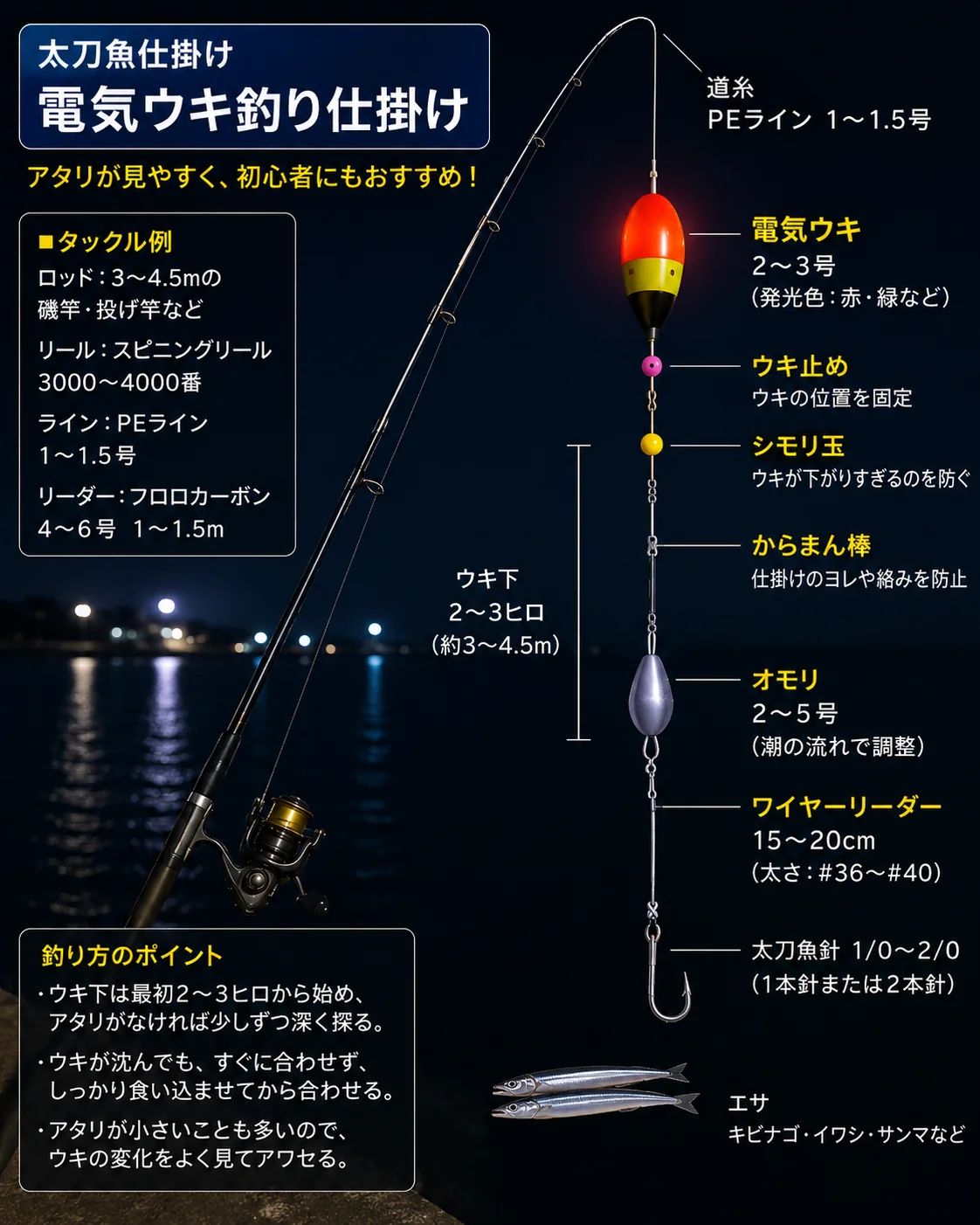 太刀魚 電気ウキ釣り仕掛けの図解