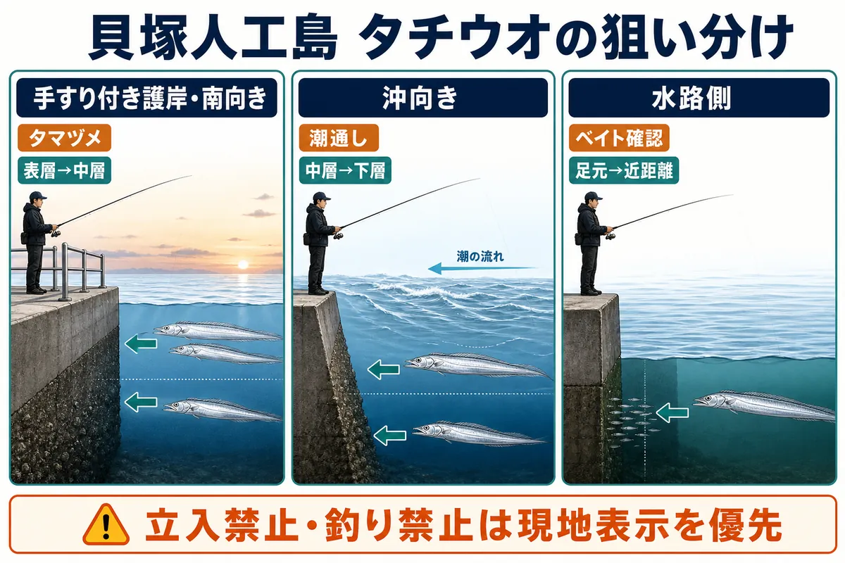 貝塚人工島でタチウオを狙う場所の使い分け